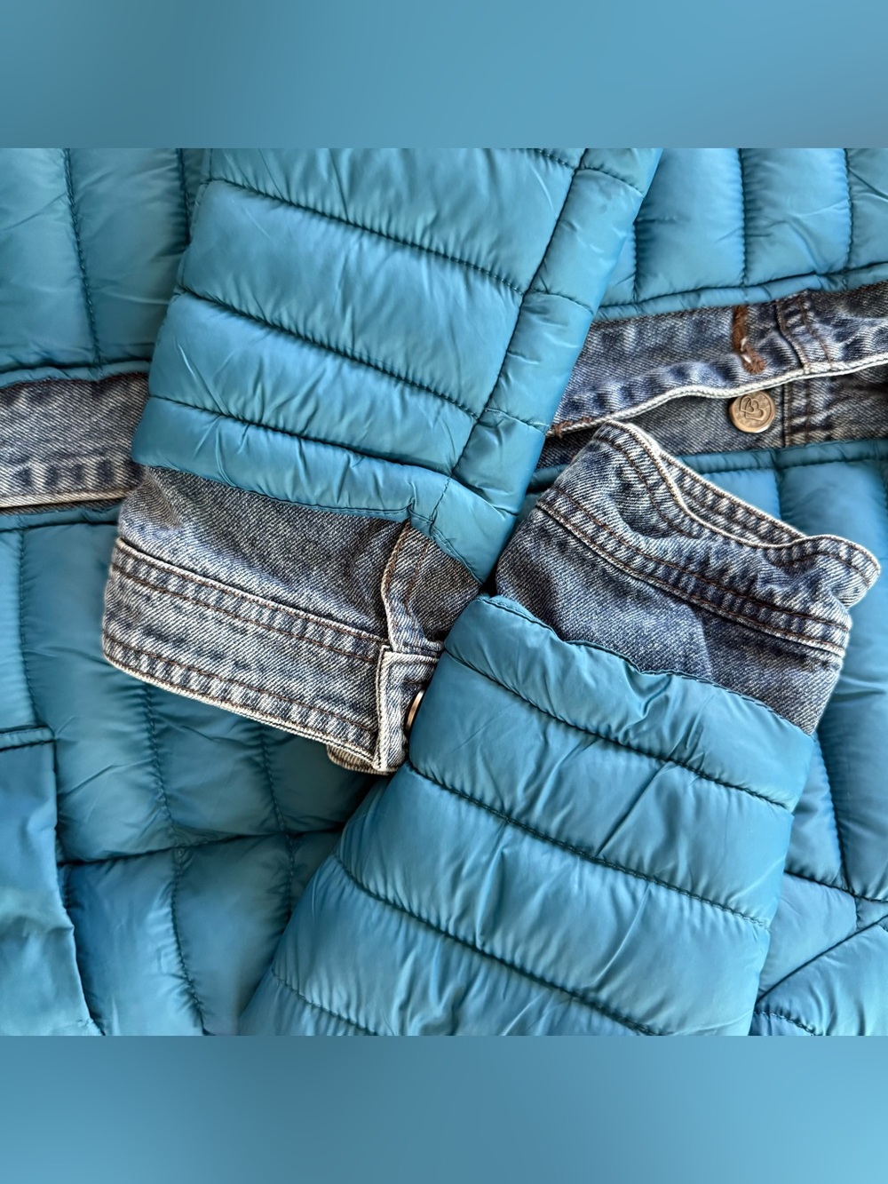Melya Melody Paris Puffer Jacket Denim Trim Teal Quilted Layered Look Women's M - Picture 6 of 9